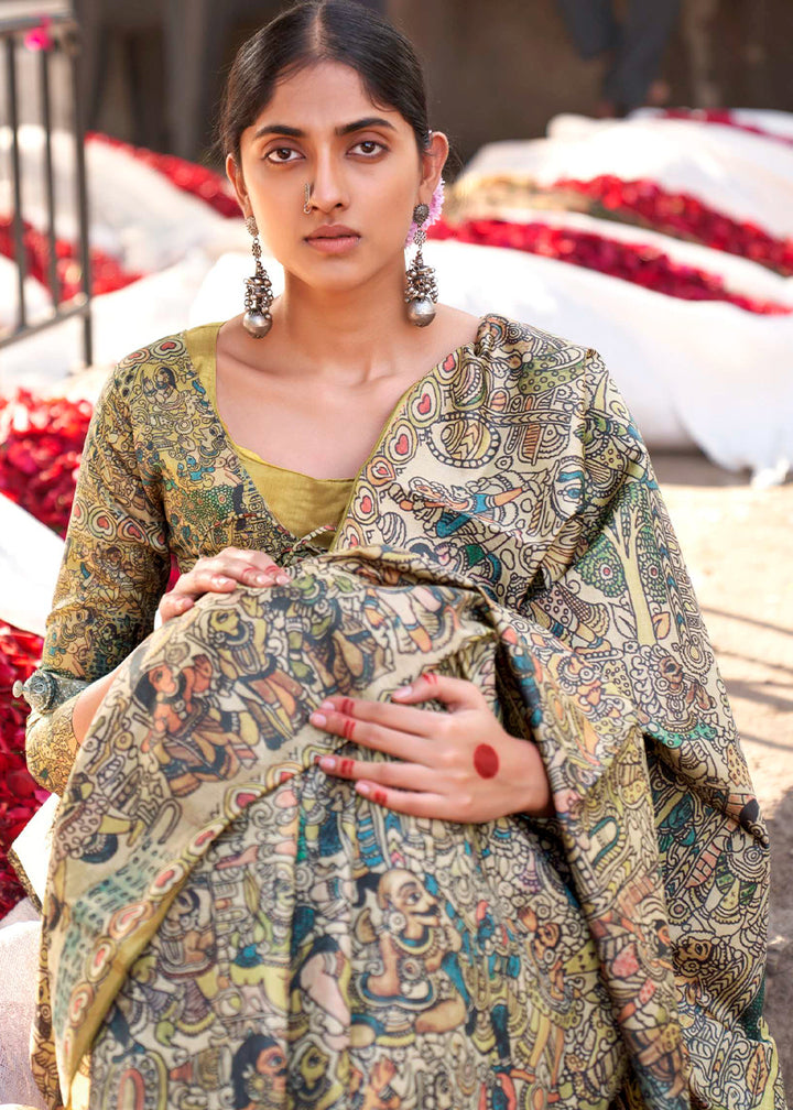 Yellow & Brown Silk Saree Featuring Madhubani Art