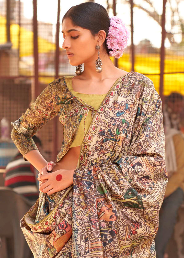 Yellow & Brown Silk Saree Featuring Madhubani Art