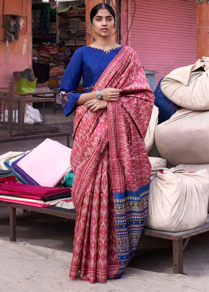 Blush Red Ikkat Silk Saree with Stunning Designer Embroidery Blouse