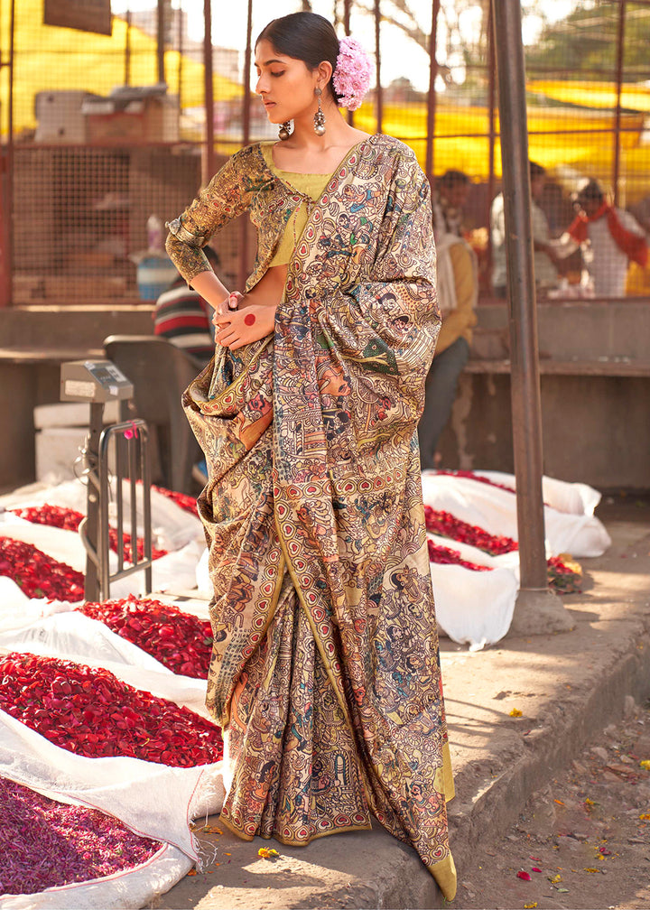 Yellow & Brown Silk Saree Featuring Madhubani Art