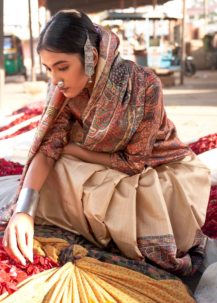 Cream & Orange Silk Saree Featuring Madhubani Art