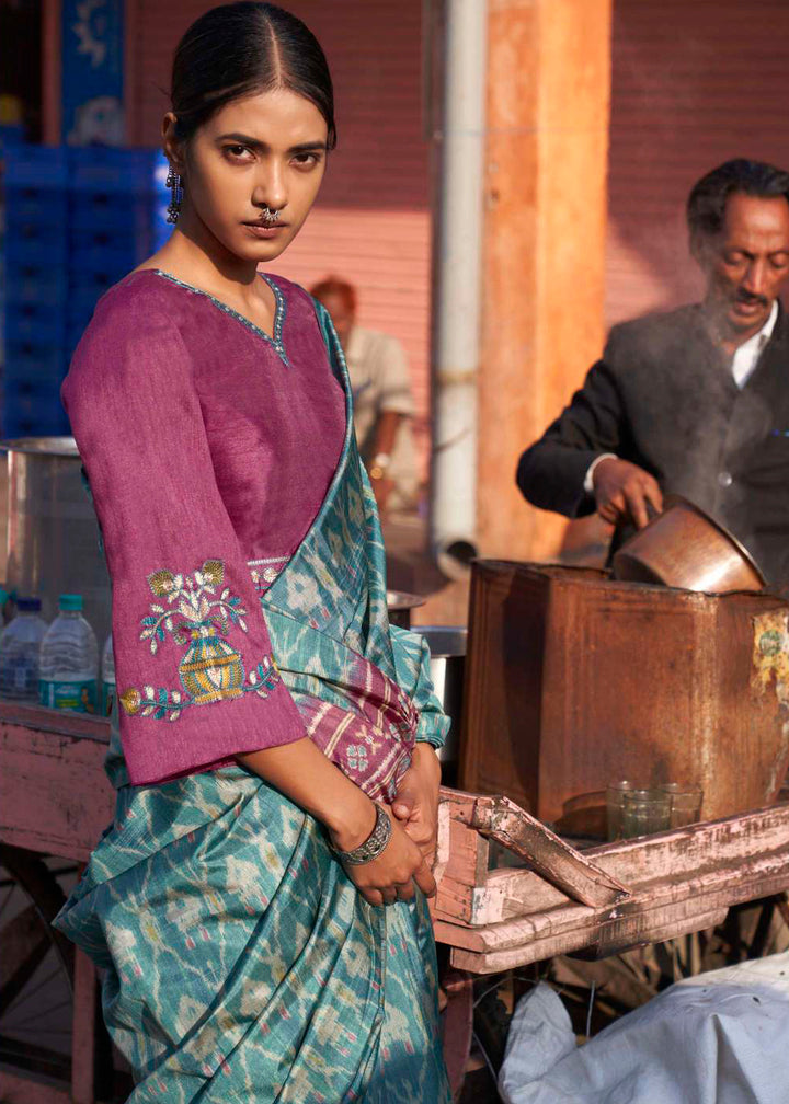 Sapphire Blue Ikkat Silk Saree with Stunning Designer Embroidery Blouse