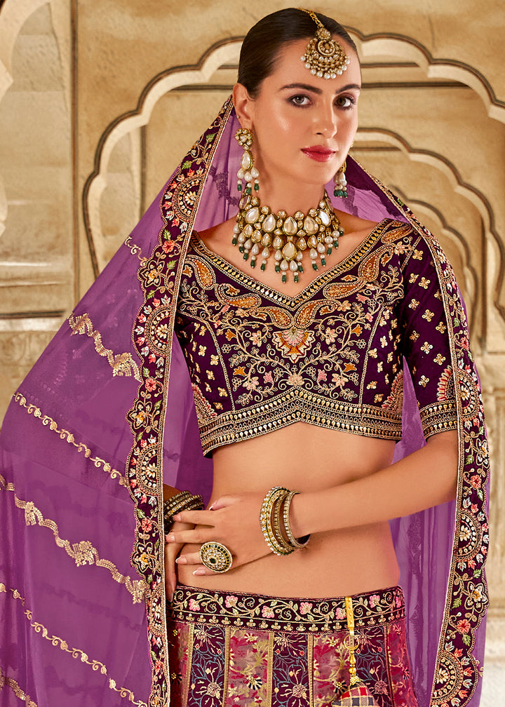 Shades Of Purple Banarasi Silk Lehenga Choli with Zarkan, Sequins & Thread Work