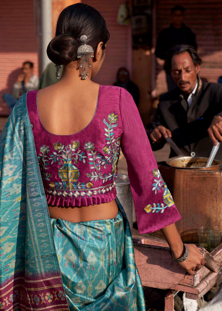 Sapphire Blue Ikkat Silk Saree with Stunning Designer Embroidery Blouse