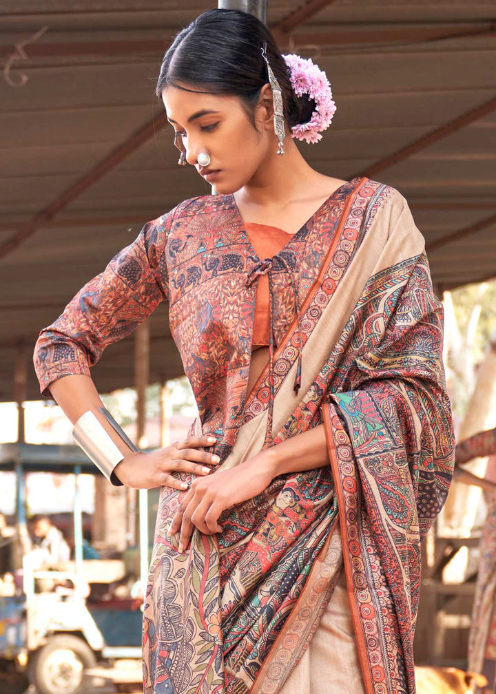 Cream & Orange Silk Saree Featuring Madhubani Art