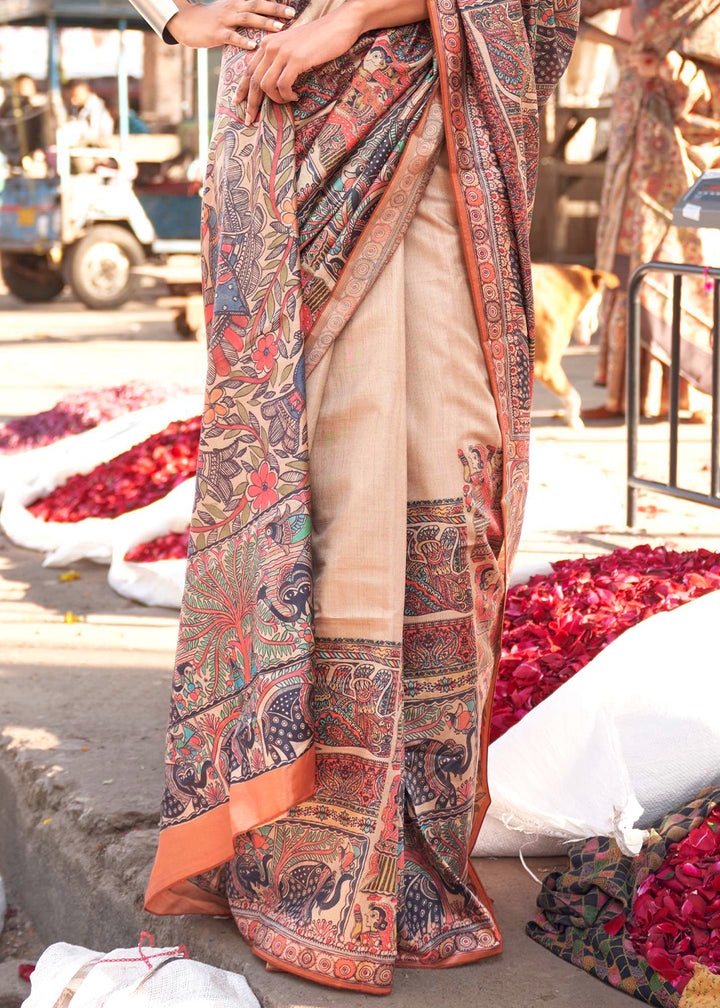 Cream & Orange Silk Saree Featuring Madhubani Art