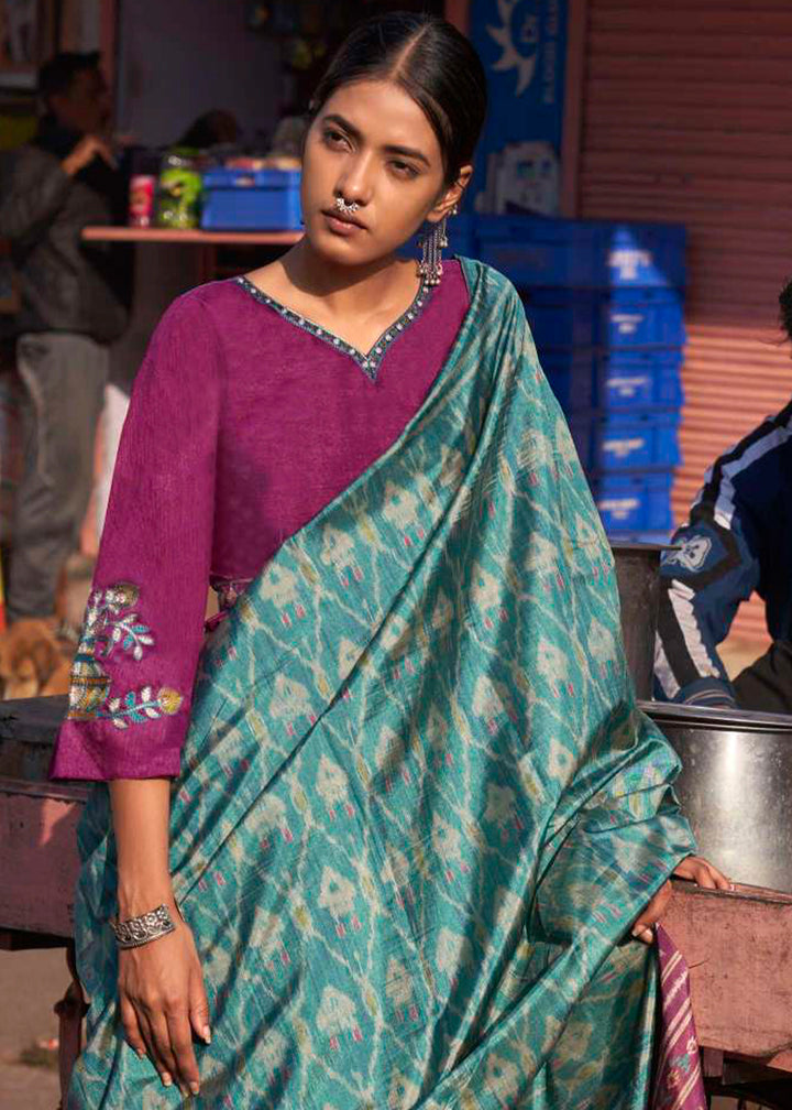 Sapphire Blue Ikkat Silk Saree with Stunning Designer Embroidery Blouse