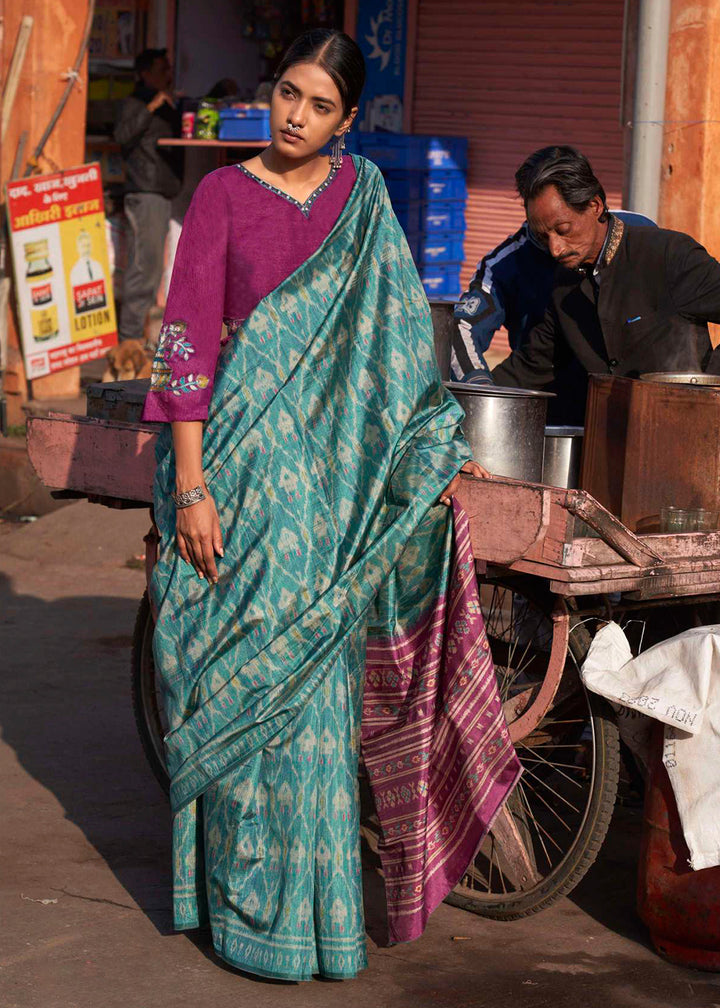 Sapphire Blue Ikkat Silk Saree with Stunning Designer Embroidery Blouse