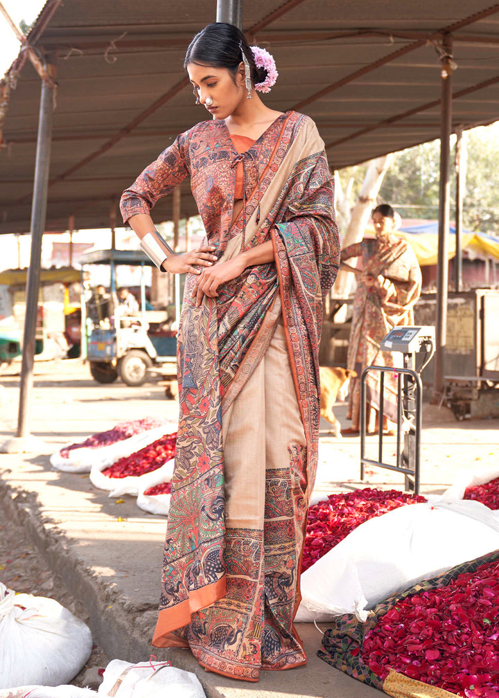 Cream & Orange Silk Saree Featuring Madhubani Art