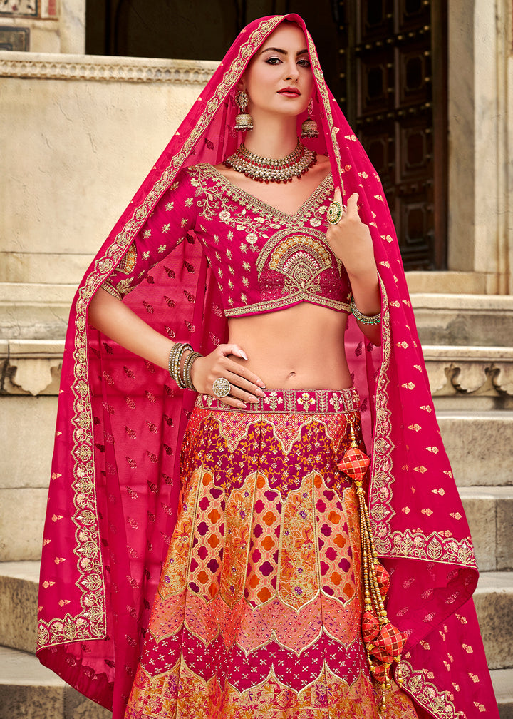 Pink & Brown Banarasi Silk Lehenga Choli with Zarkan, Sequins & Thread Work