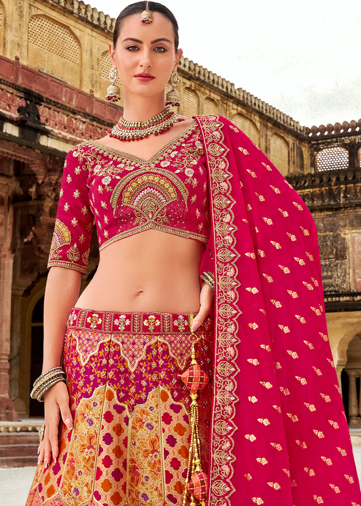Pink & Brown Banarasi Silk Lehenga Choli with Zarkan, Sequins & Thread Work