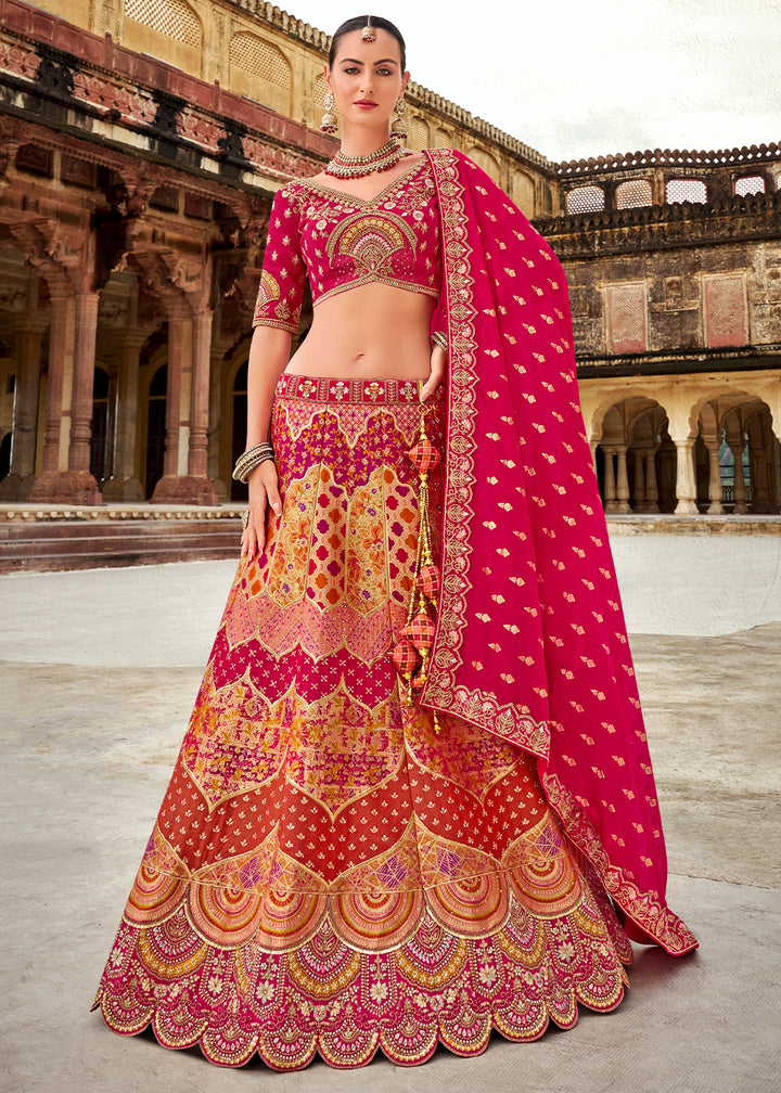Pink & Brown Banarasi Silk Lehenga Choli with Zarkan, Sequins & Thread Work