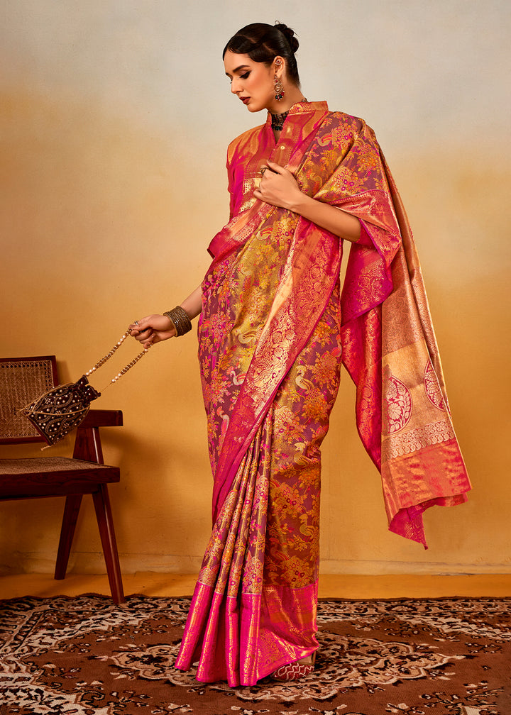 Pink & Golden Zari-Woven Silk Saree with Bold Contrast Border