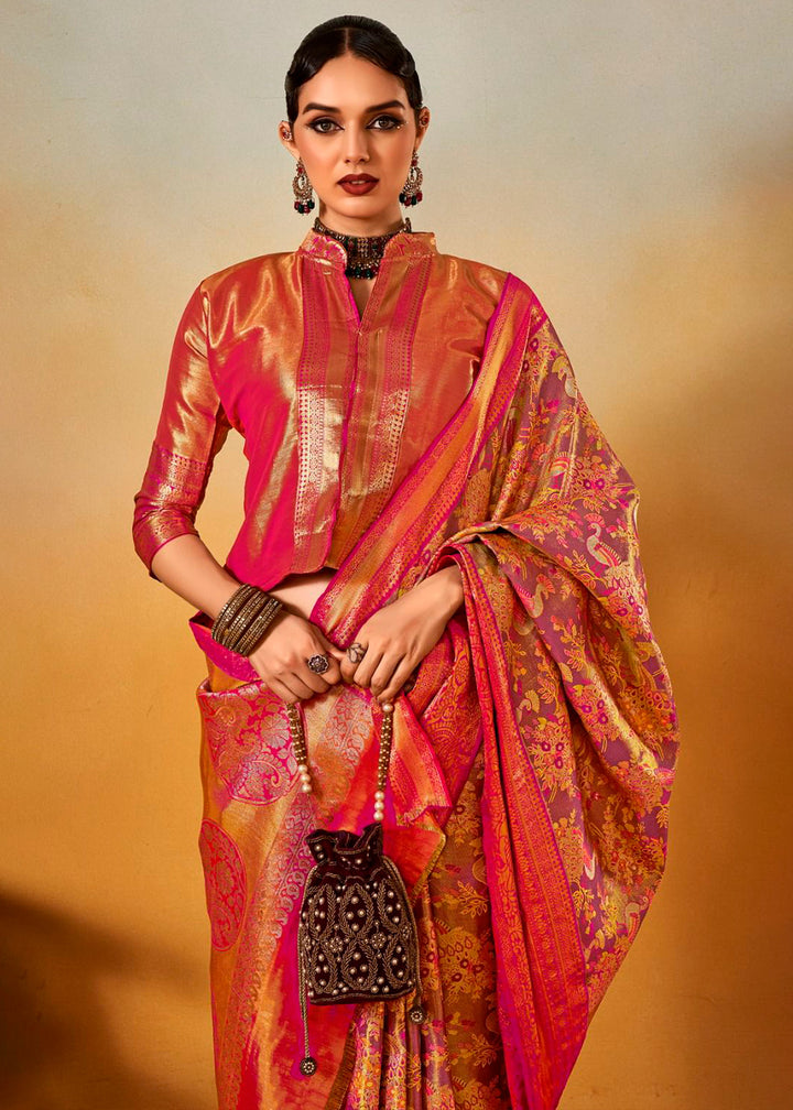 Pink & Golden Zari-Woven Silk Saree with Bold Contrast Border