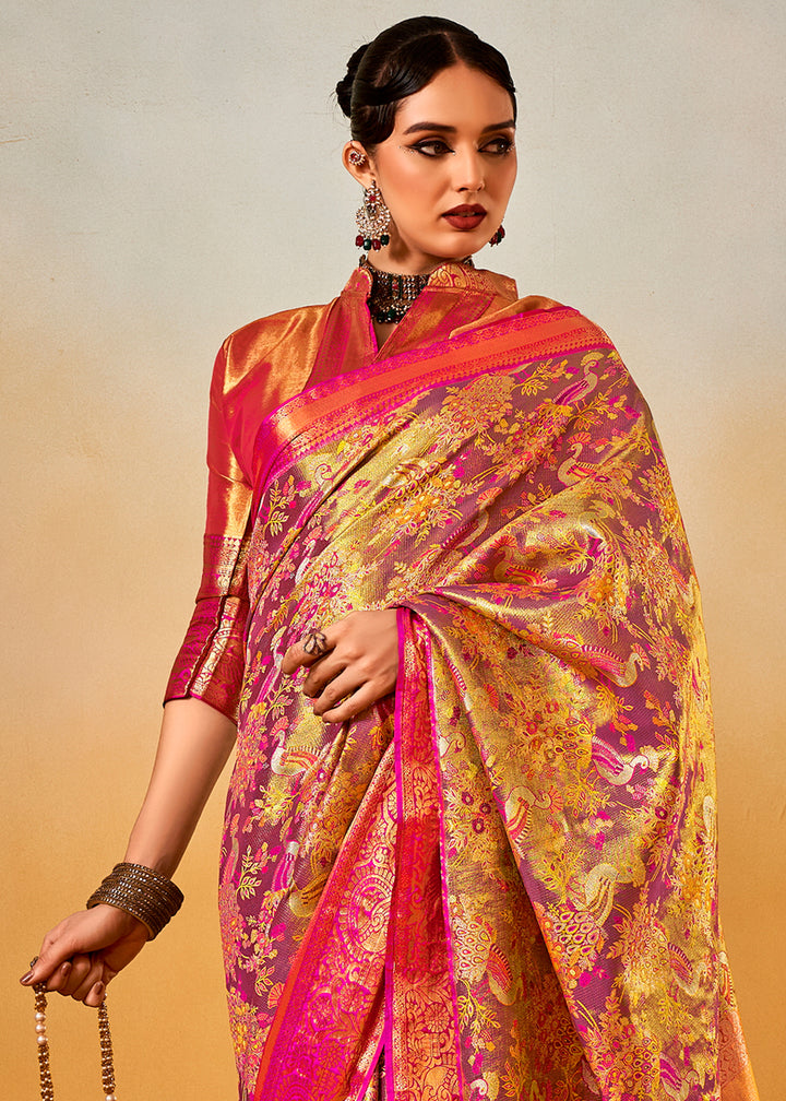 Pink & Golden Zari-Woven Silk Saree with Bold Contrast Border