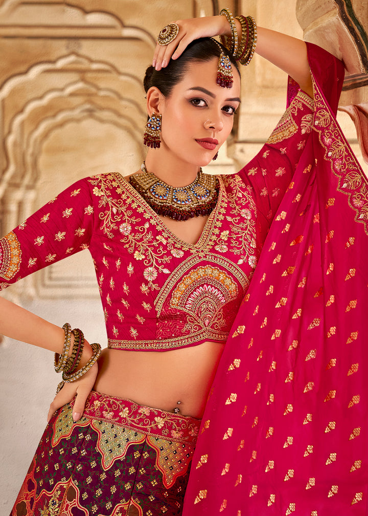 Pink & Green Banarasi Silk Lehenga Choli with Zarkan, Sequins & Thread Work
