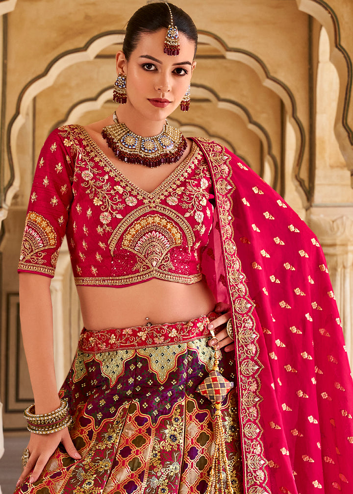 Pink & Green Banarasi Silk Lehenga Choli with Zarkan, Sequins & Thread Work