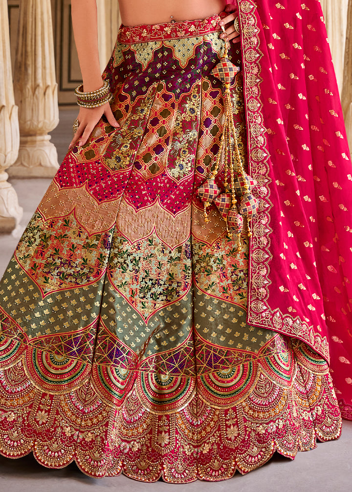 Pink & Green Banarasi Silk Lehenga Choli with Zarkan, Sequins & Thread Work