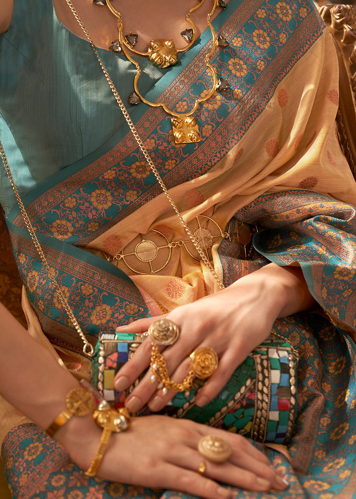 Sunshine Yellow Bamboo Copper Zari Woven Handloom Silk Saree