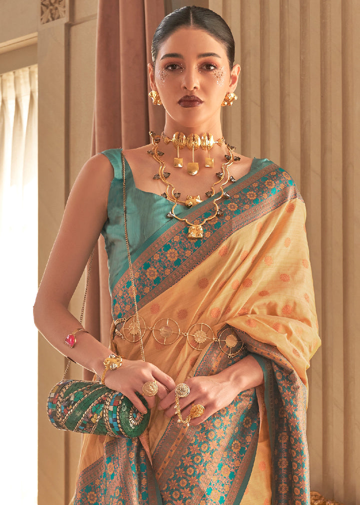 Sunshine Yellow Bamboo Copper Zari Woven Handloom Silk Saree