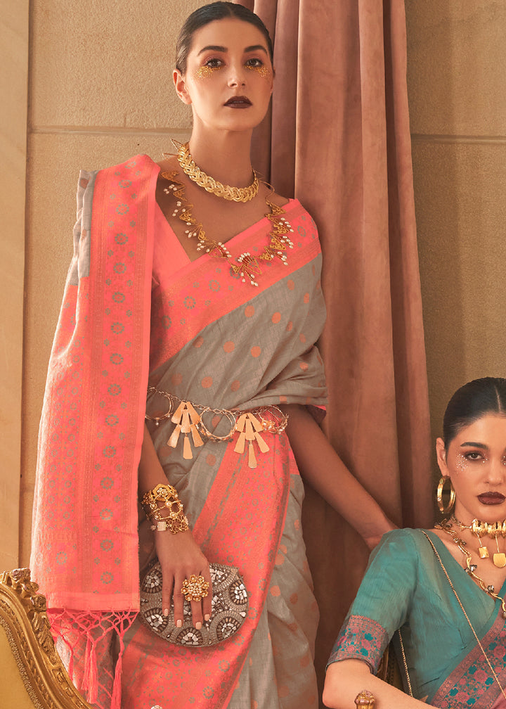 Pewter Grey Bamboo Copper Zari Woven Handloom Silk Saree