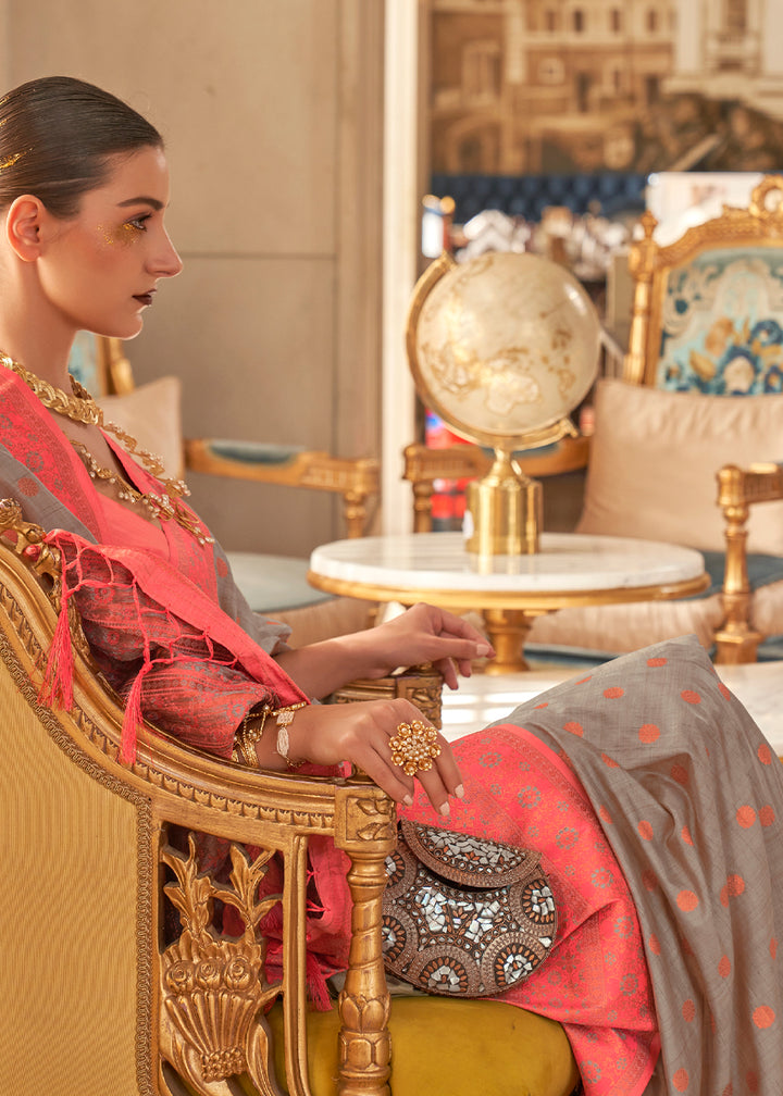 Pewter Grey Bamboo Copper Zari Woven Handloom Silk Saree