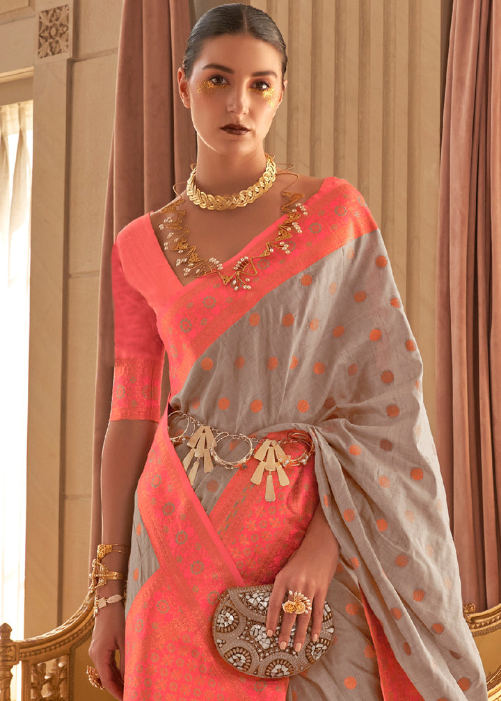 Pewter Grey Bamboo Copper Zari Woven Handloom Silk Saree