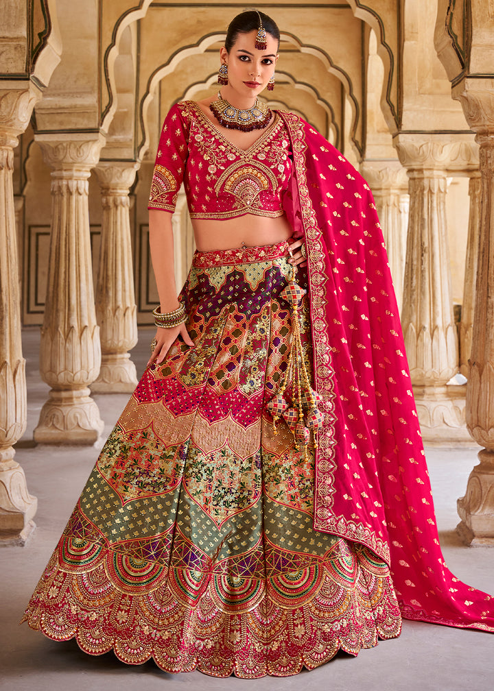 Pink & Green Banarasi Silk Lehenga Choli with Zarkan, Sequins & Thread Work