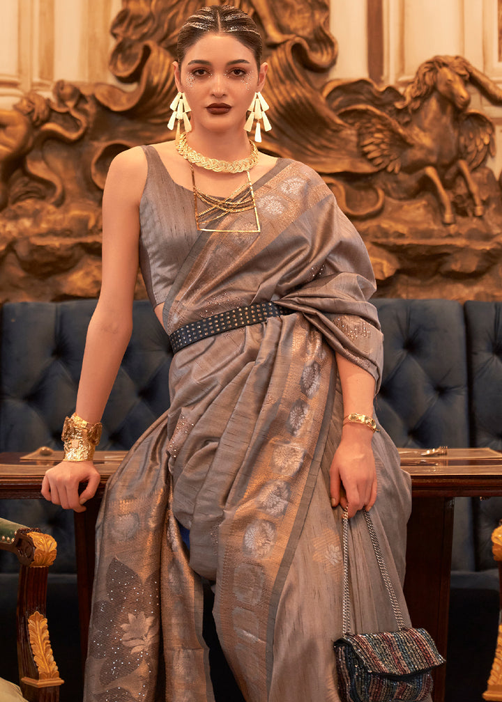 Greyish Brown Handloom Woven Tussar Silk Saree with Sequence work