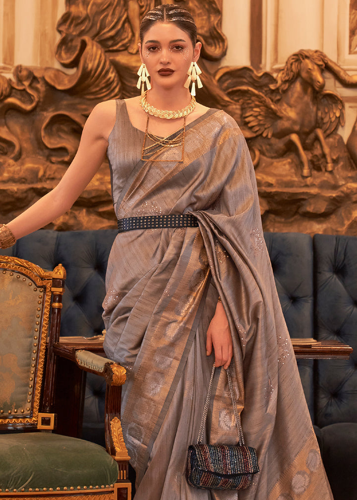 Greyish Brown Handloom Woven Tussar Silk Saree with Sequence work