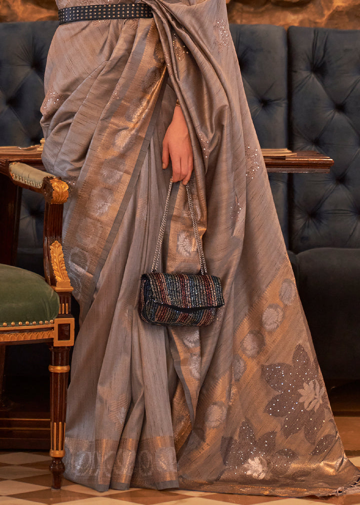 Greyish Brown Handloom Woven Tussar Silk Saree with Sequence work