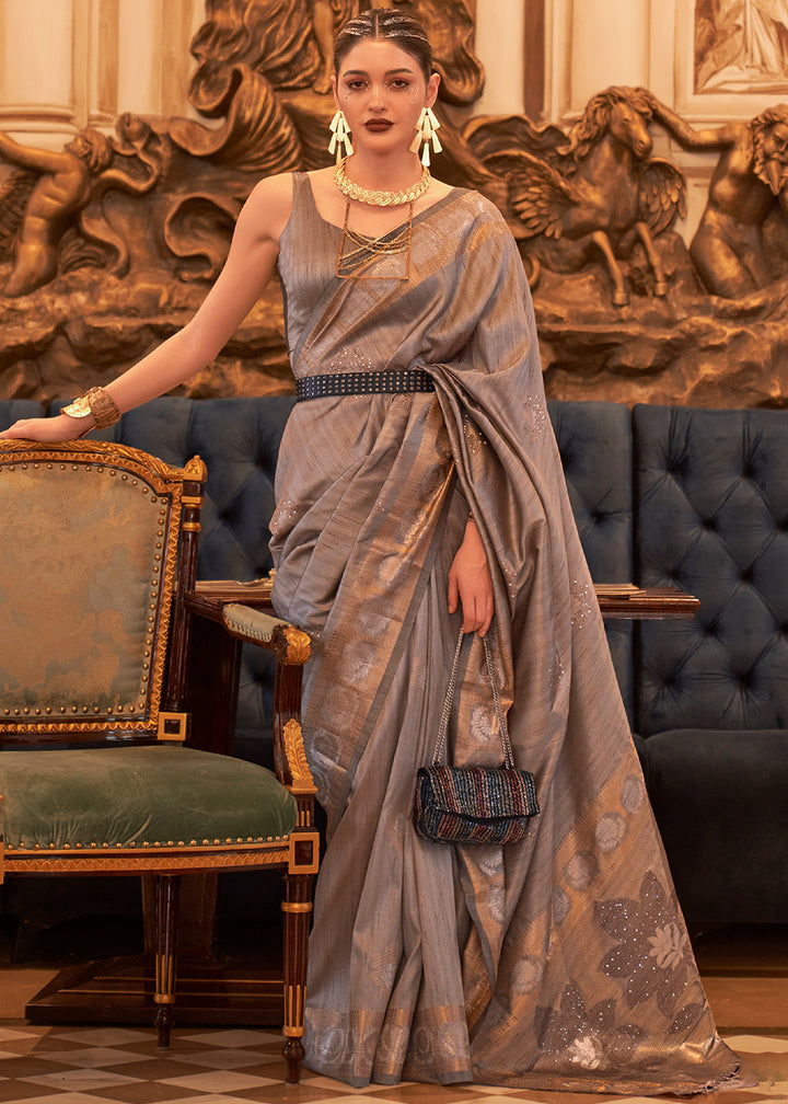 Greyish Brown Handloom Woven Tussar Silk Saree with Sequence work