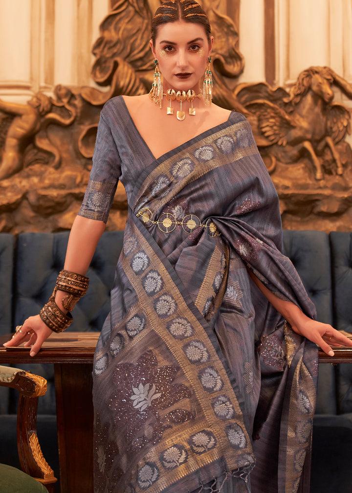 Slate Grey Handloom Woven Tussar Silk Saree with Sequence work