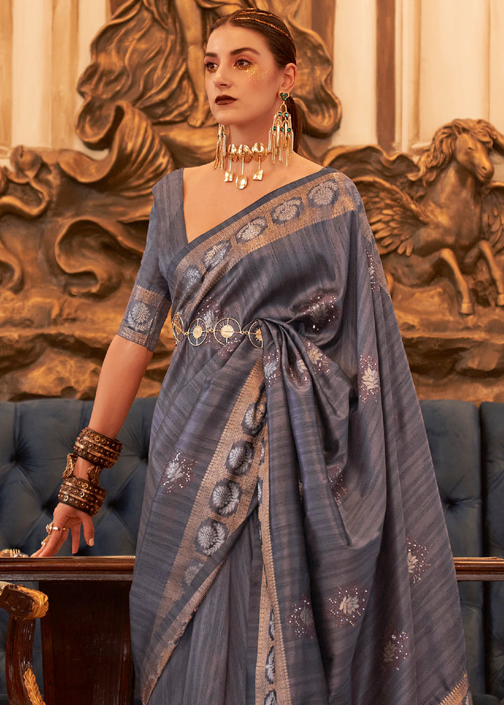 Slate Grey Handloom Woven Tussar Silk Saree with Sequence work