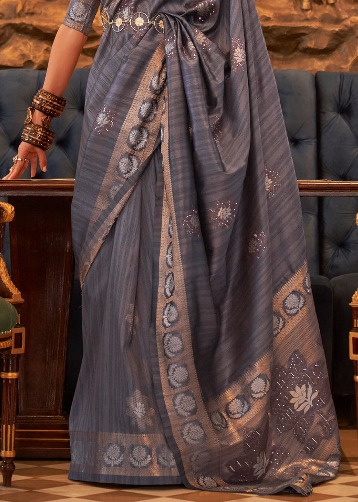 Slate Grey Handloom Woven Tussar Silk Saree with Sequence work