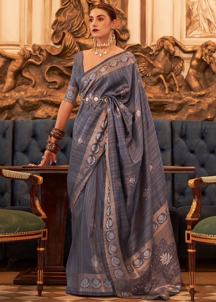 Slate Grey Handloom Woven Tussar Silk Saree with Sequence work