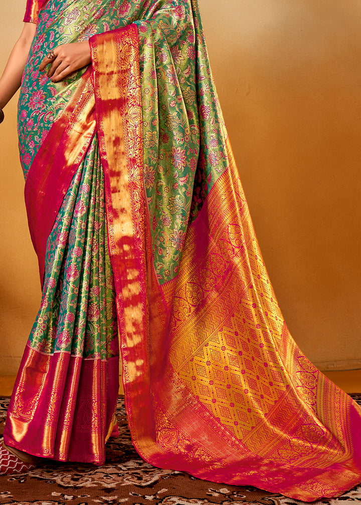 Blue & Pink Zari-Woven Silk Saree with Bold Contrast Border