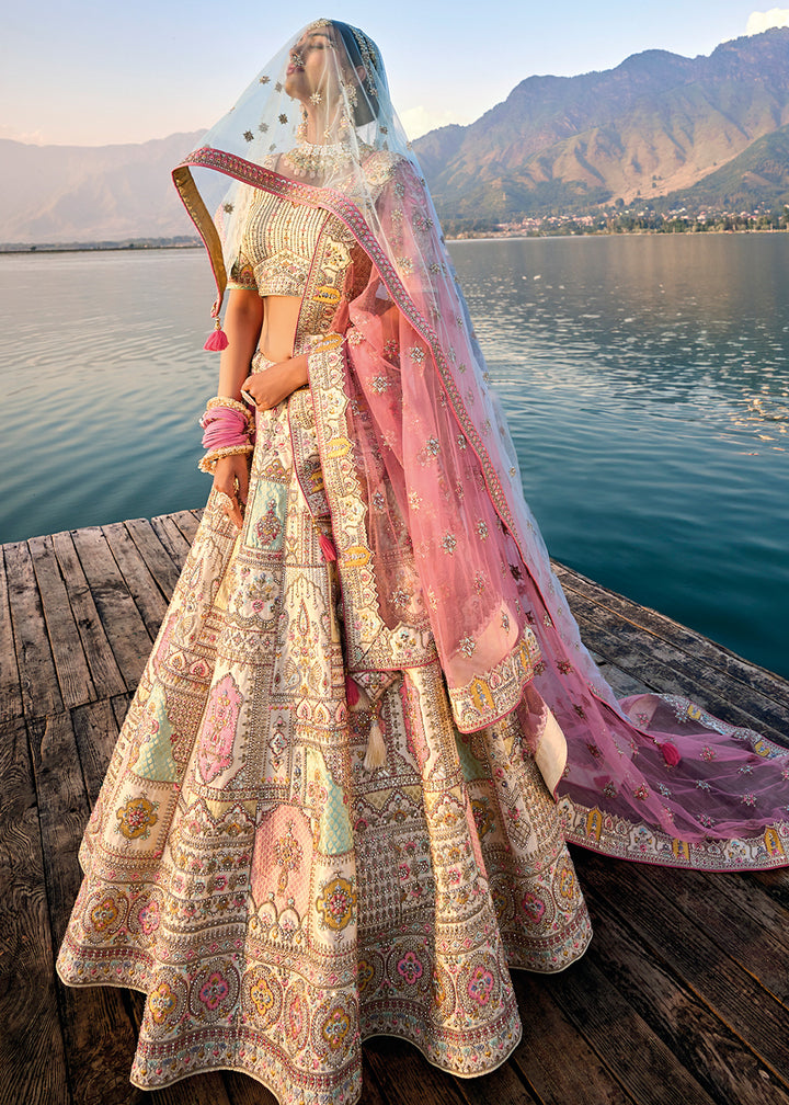 Cream White Banarasi Silk Lehenga Choli with Elegant Khatli Work and Handcrafted Embroidery