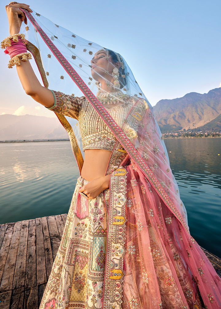 Cream White Banarasi Silk Lehenga Choli with Elegant Khatli Work and Handcrafted Embroidery