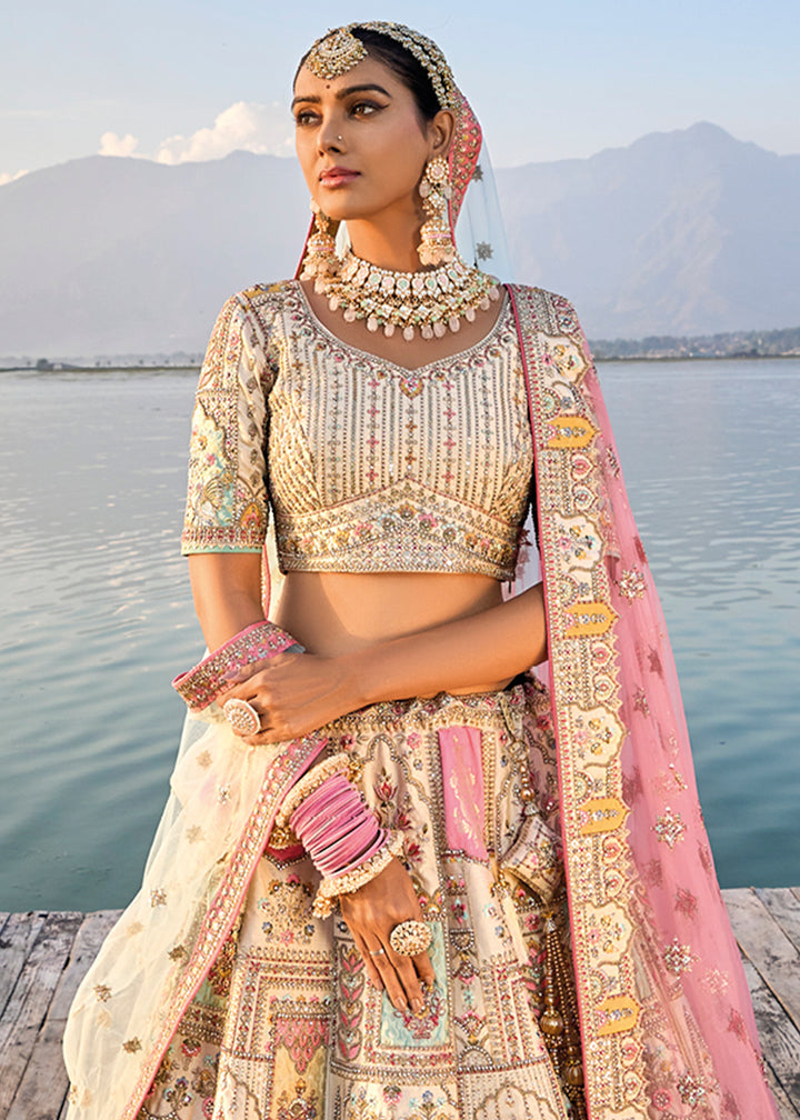 Cream White Banarasi Silk Lehenga Choli with Elegant Khatli Work and Handcrafted Embroidery