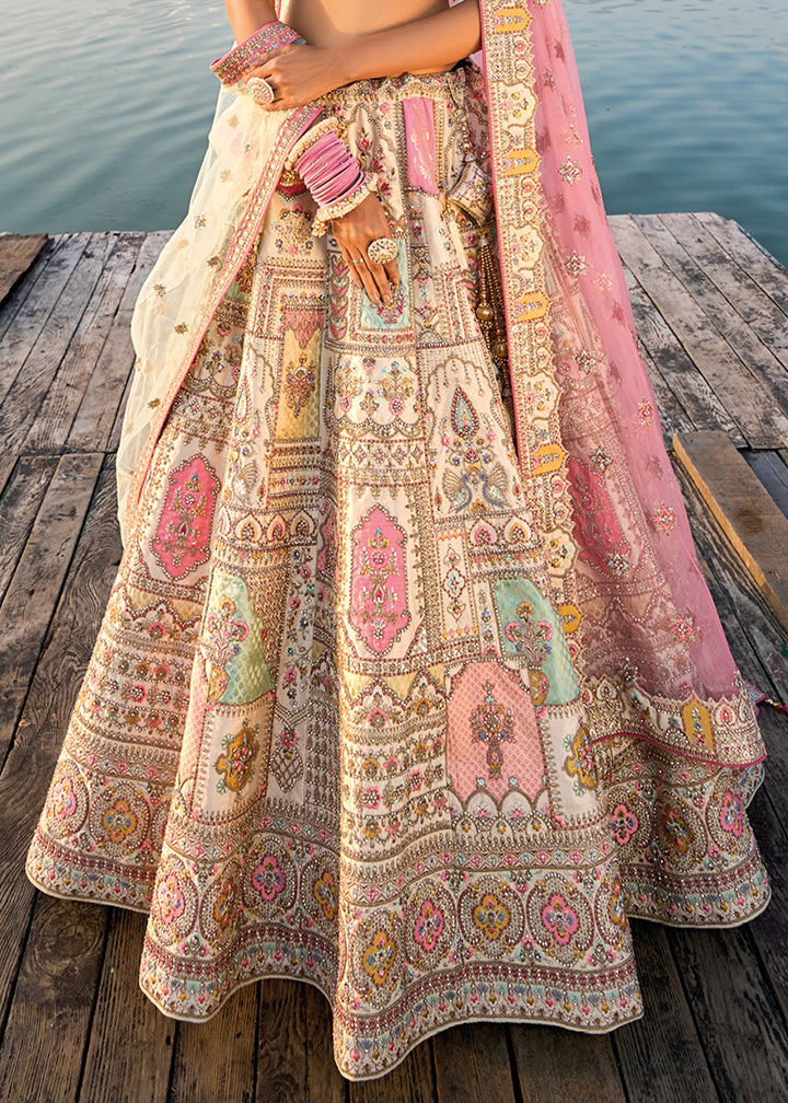 Cream White Banarasi Silk Lehenga Choli with Elegant Khatli Work and Handcrafted Embroidery