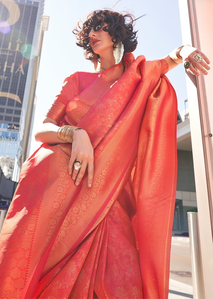 Reddish Orange Handloom Woven Traditional Saree