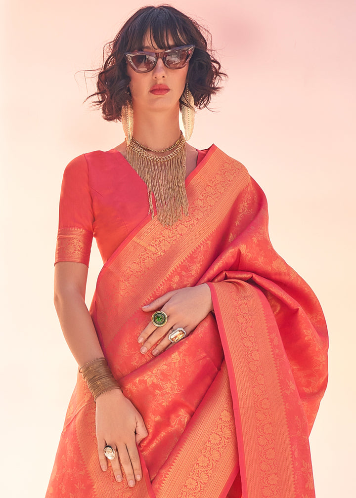 Reddish Orange Handloom Woven Traditional Saree