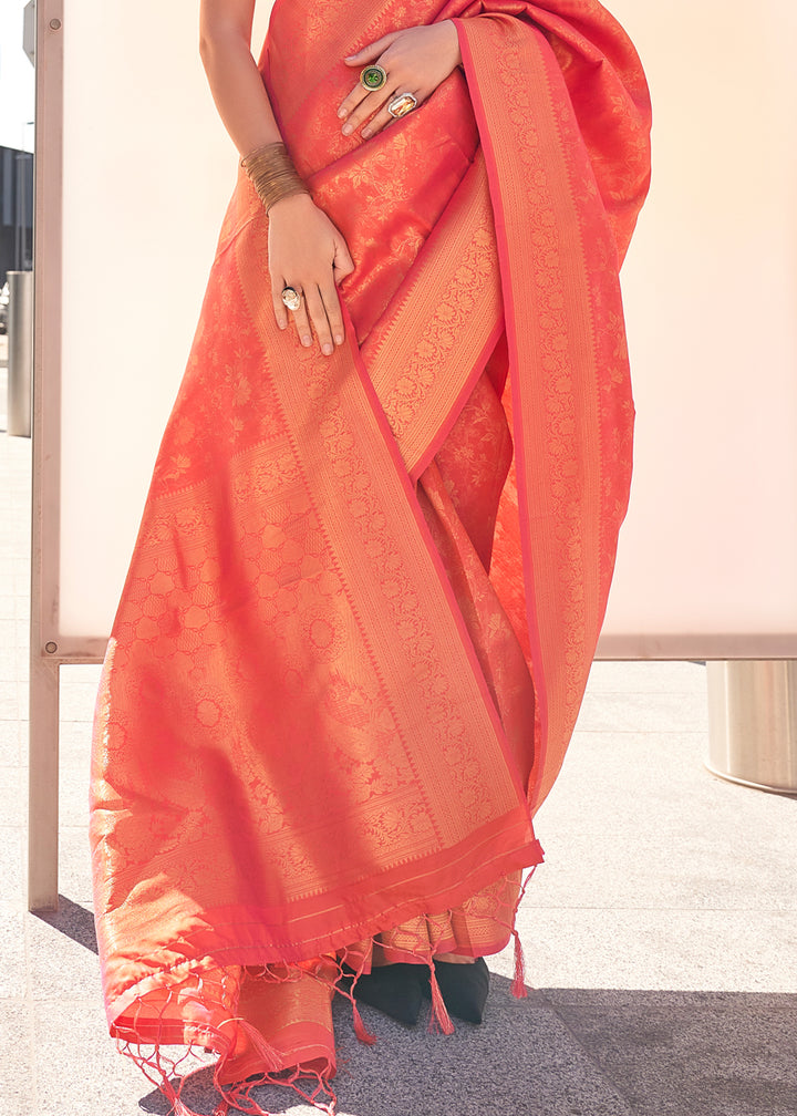 Reddish Orange Handloom Woven Traditional Saree