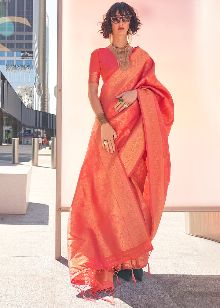 Reddish Orange Handloom Woven Traditional Saree