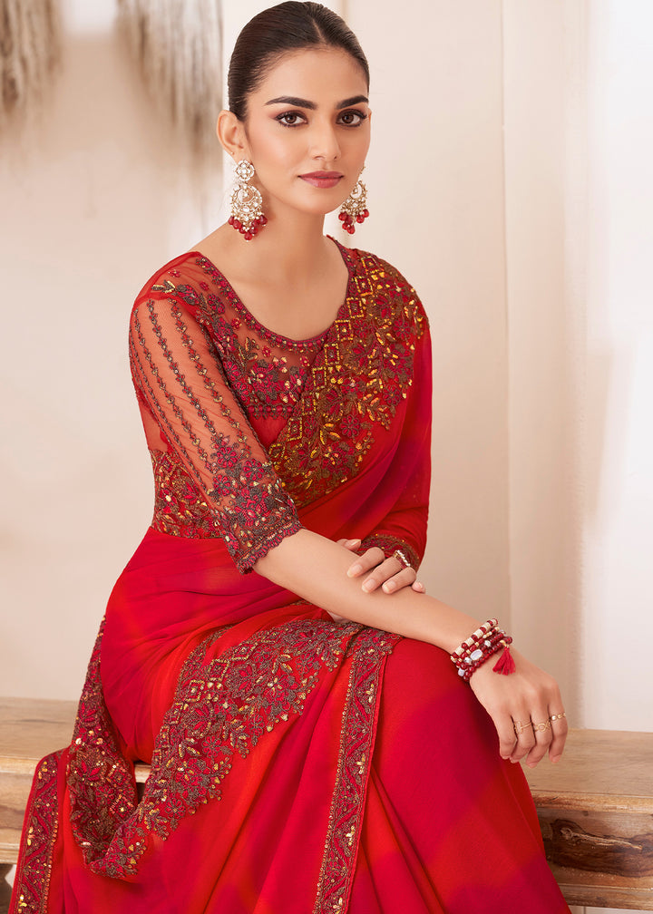 Shaded Red Designer Chiffon Saree with Fine Embroidery