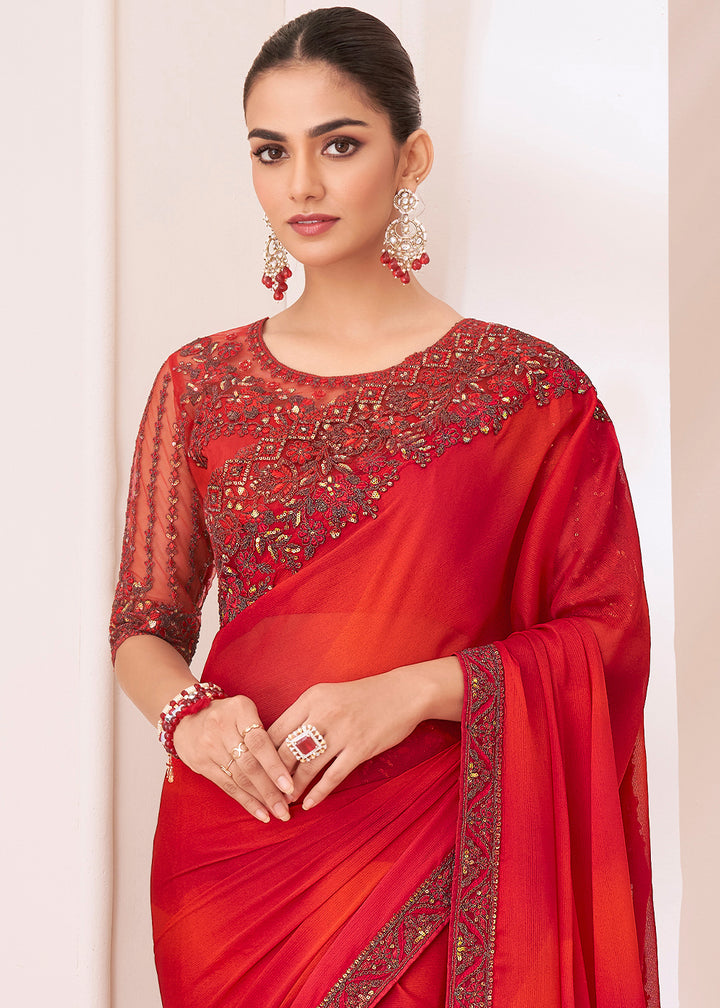 Shaded Red Designer Chiffon Saree with Fine Embroidery