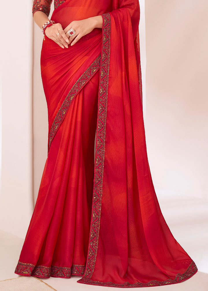 Shaded Red Designer Chiffon Saree with Fine Embroidery