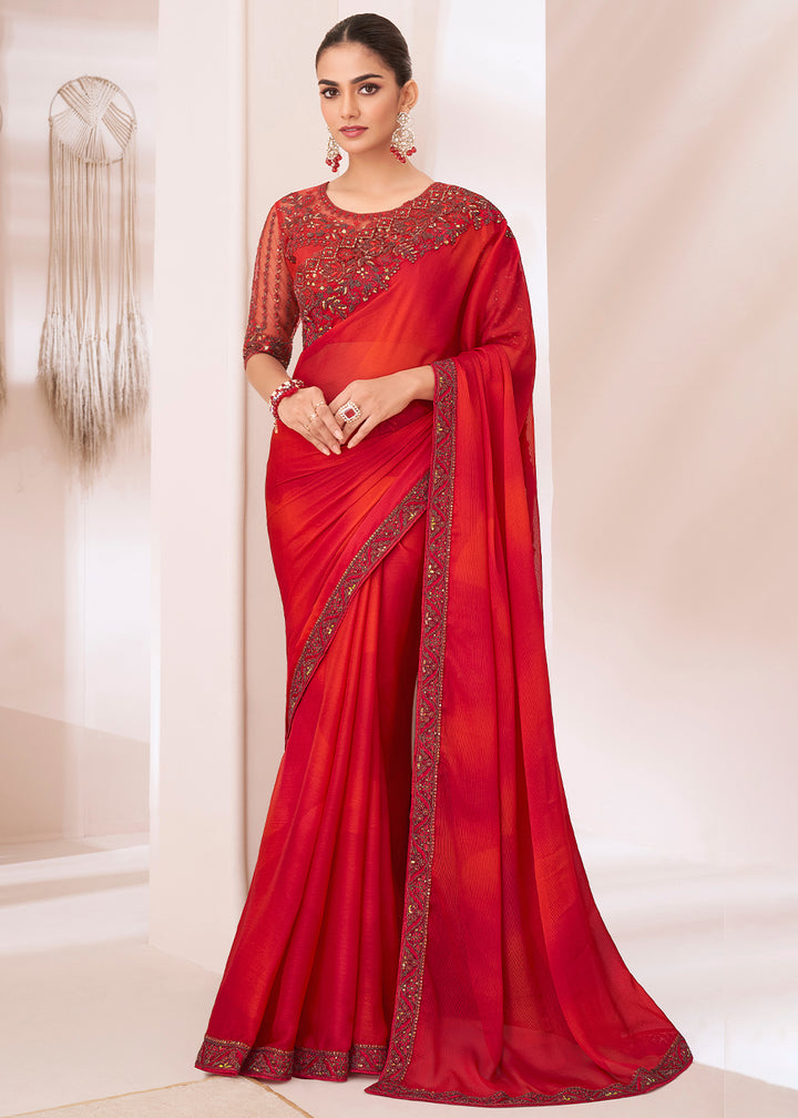 Shaded Red Designer Chiffon Saree with Fine Embroidery