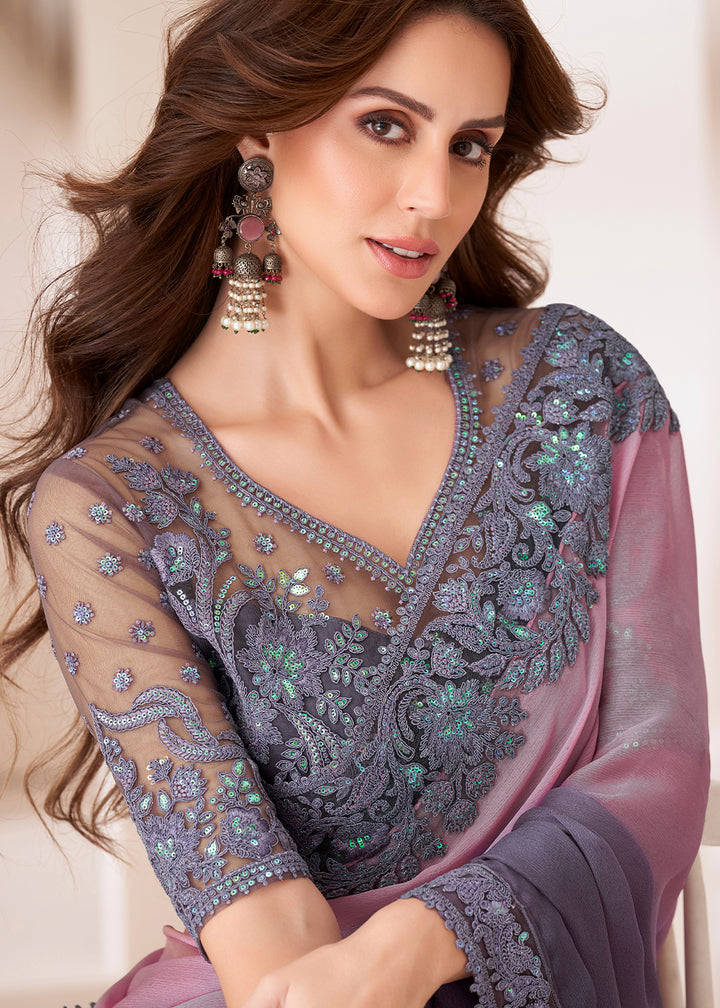 Pink & Purple Designer Chiffon Saree with Fine Embroidery